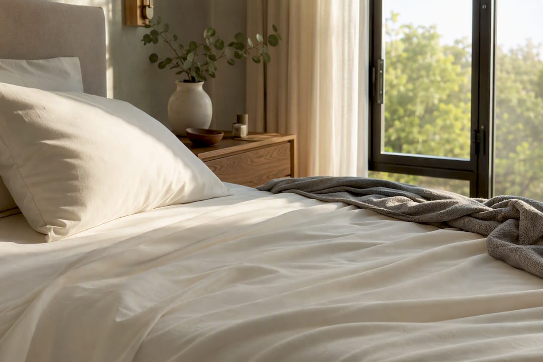 Close-up of luxurious cotton fabric on bed