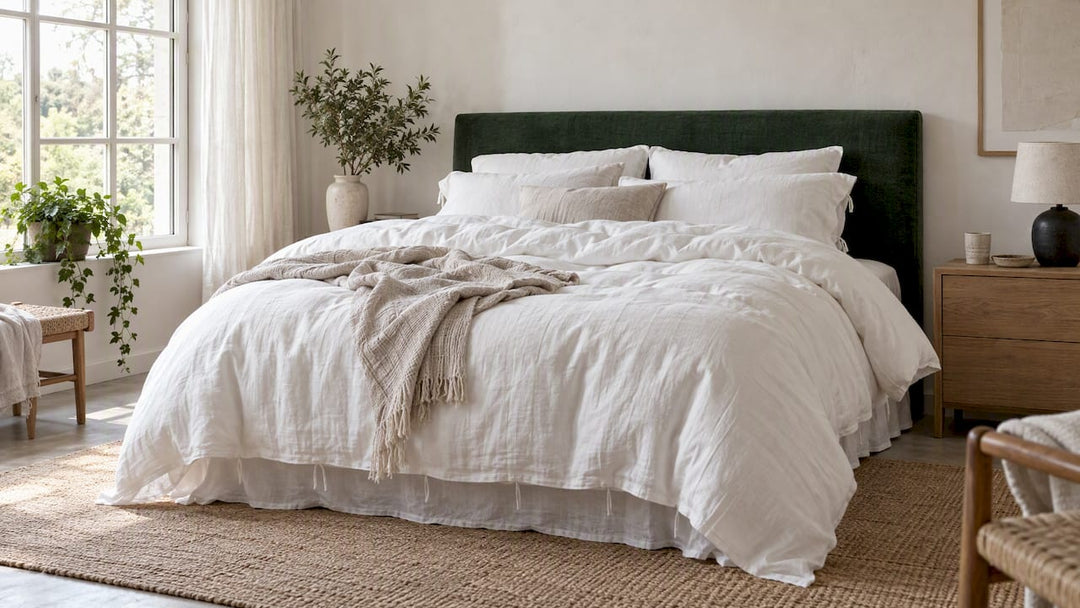 White linen bedding styled in bedroom