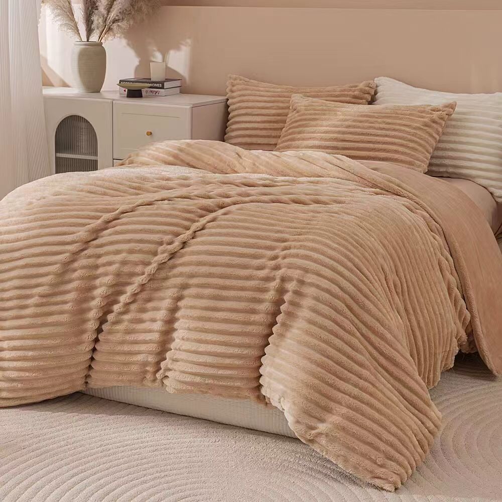 Fluffy Ribbed Brown Duvet Cover Set