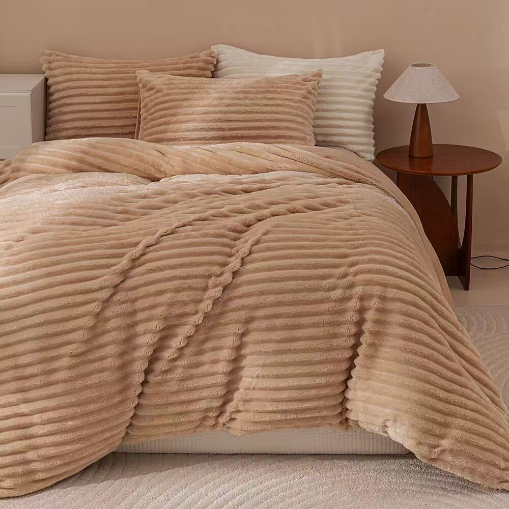 Fluffy Ribbed Brown Duvet Cover Set