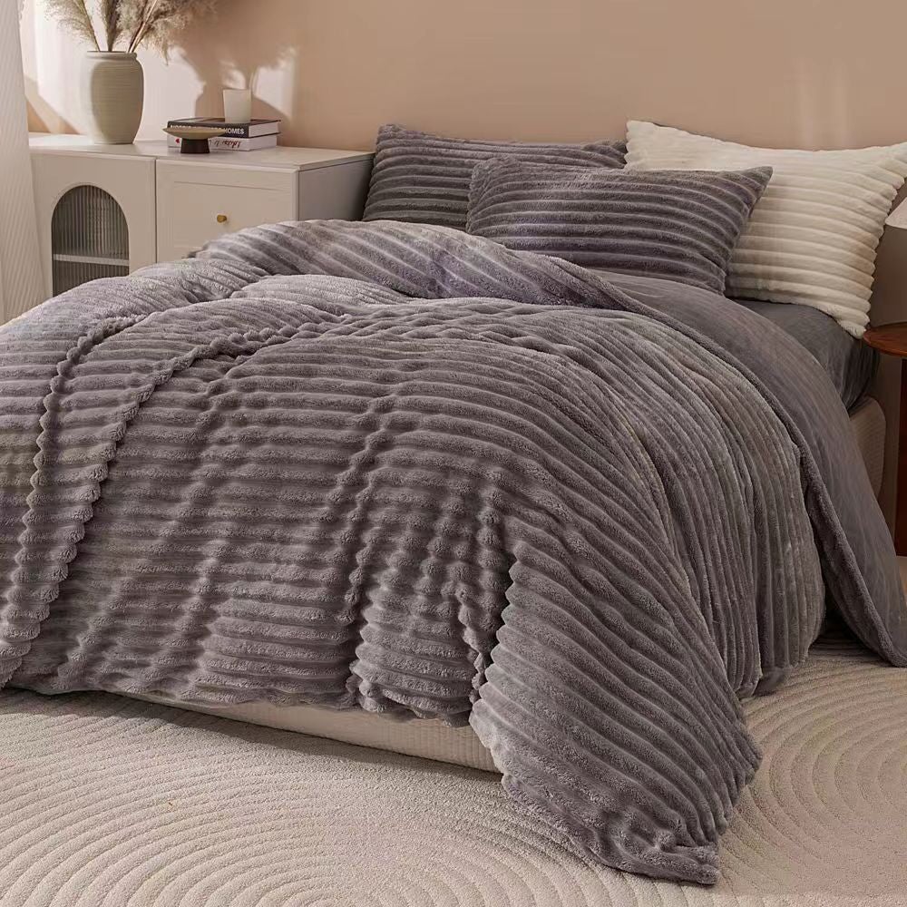 Fluffy Ribbed Grey Duvet Cover Set