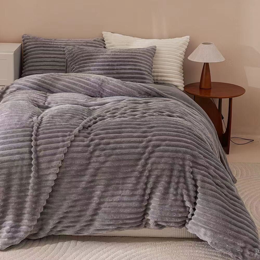 Fluffy Ribbed Grey Duvet Cover Set