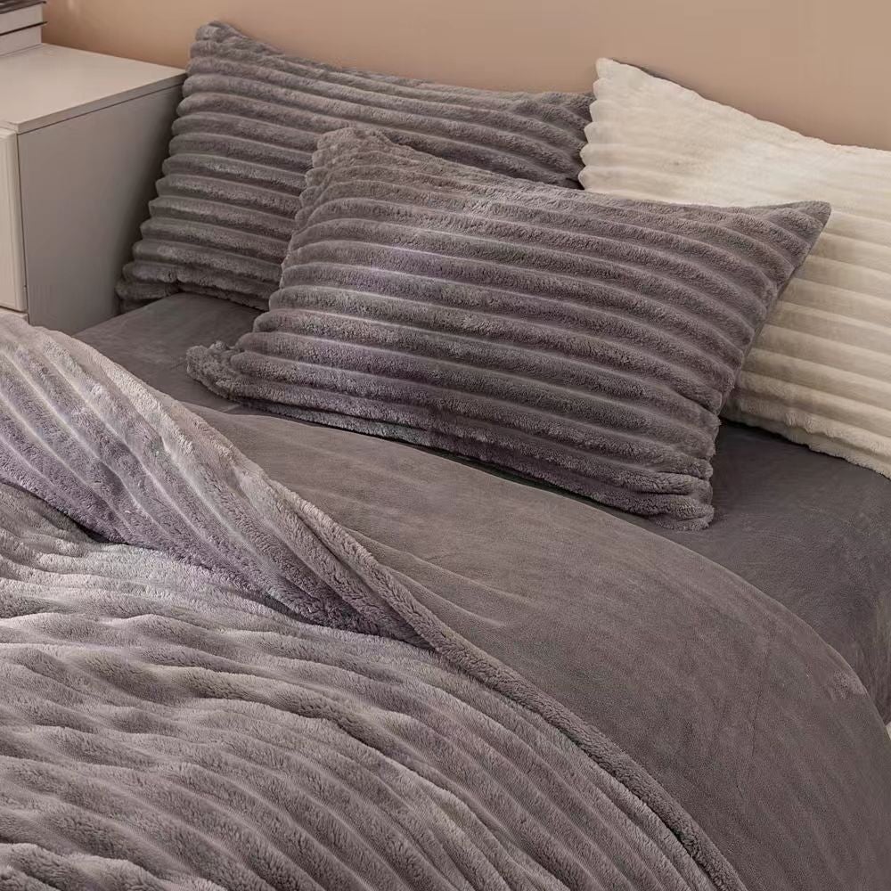 Fluffy Ribbed Grey Duvet Cover Set