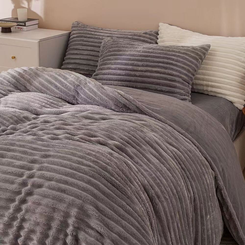 Fluffy Ribbed Grey Duvet Cover Set