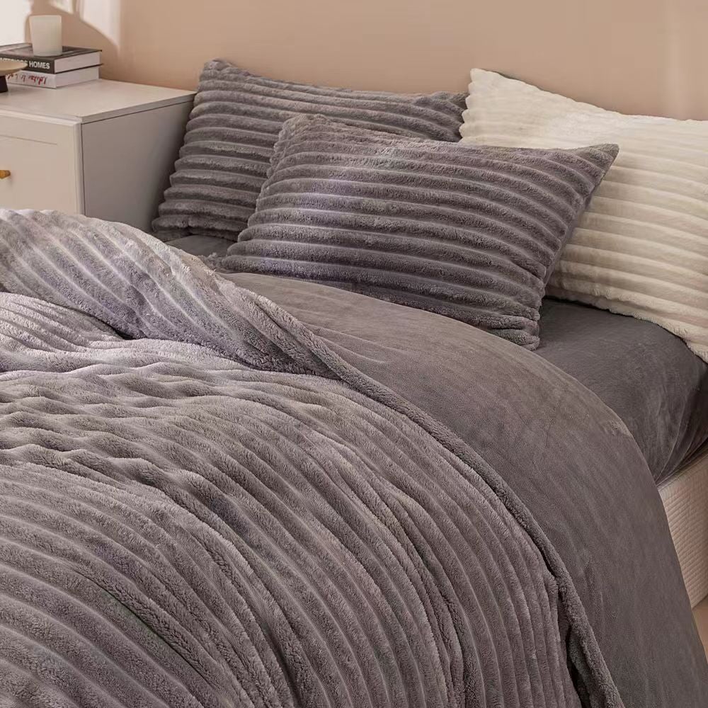 Fluffy Ribbed Grey Duvet Cover Set