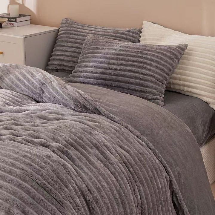 Fluffy Ribbed Grey Duvet Cover Set