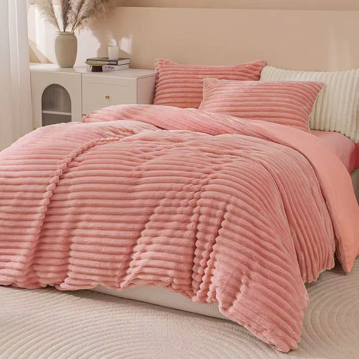 Fluffy Ribbed Pink Duvet Cover Set — plush ribbed bedding on a bed