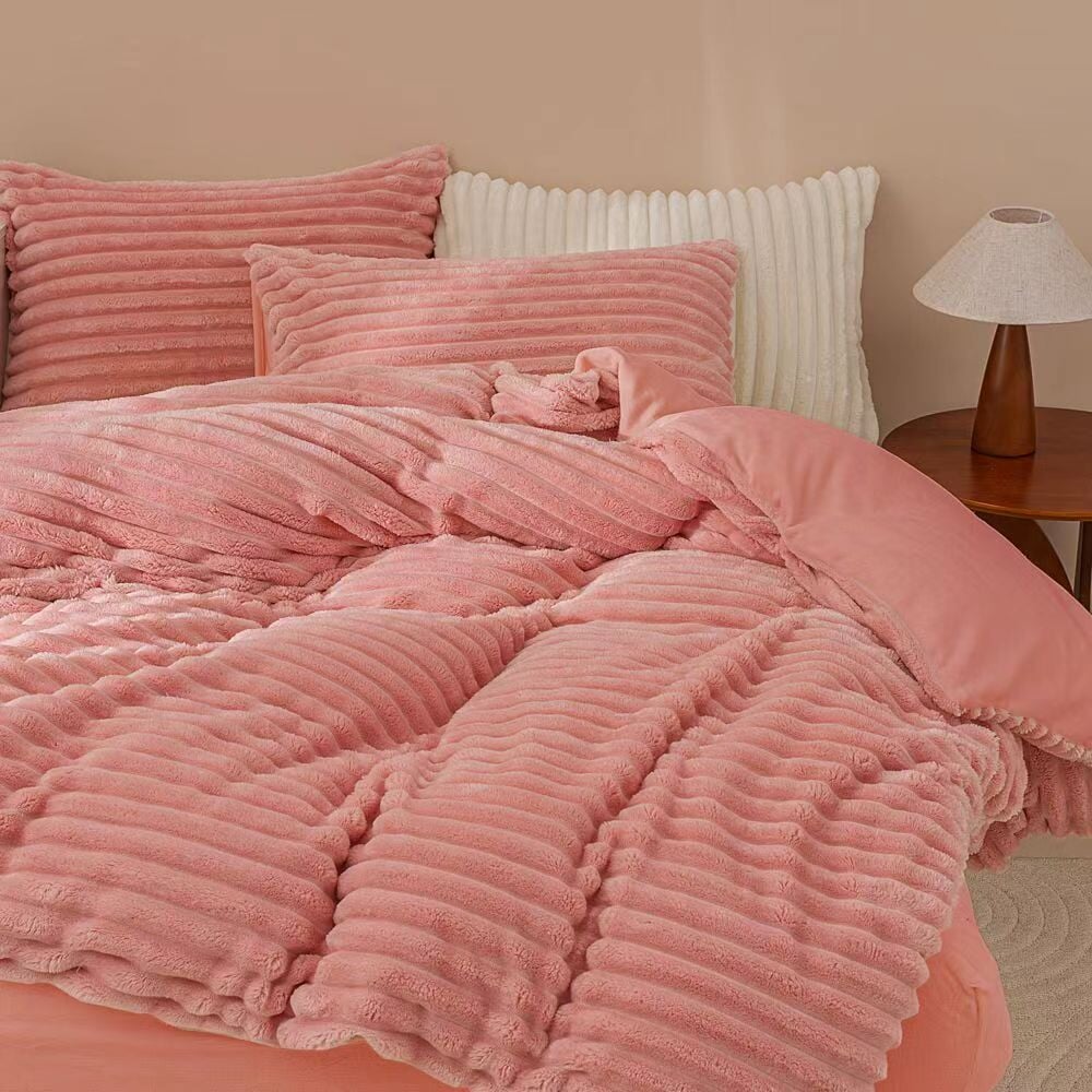 Fluffy Ribbed Pink Duvet Cover Set