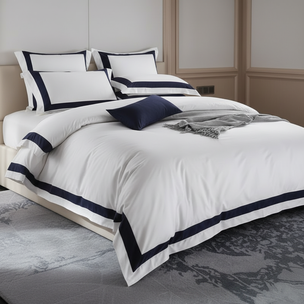 A neatly made bed in a styled bedroom setting, featuring a white duvet cover and multiple pillows with dark navy blue borders and a matching navy accent pillow. The room has beige wood paneling on the walls and a gray patterned rug on the floor.