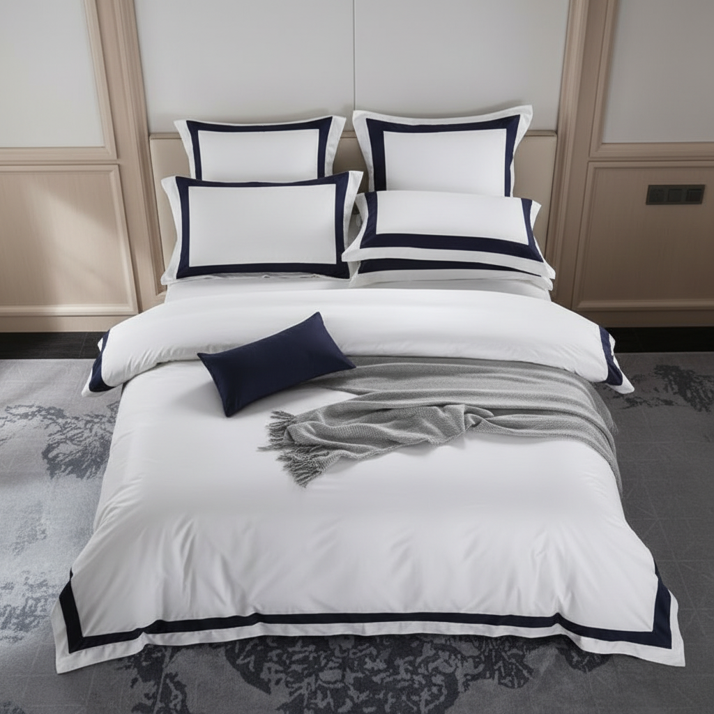 A neatly made bed in a styled bedroom setting, featuring a white duvet cover and multiple pillows with dark navy blue borders and a matching navy accent pillow. The room has beige wood paneling on the walls and a gray patterned rug on the floor.