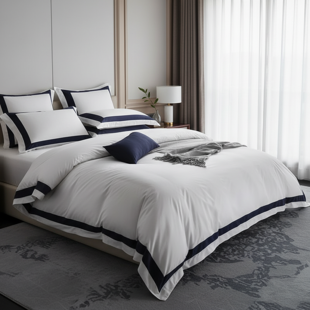 Hotel Luxe Dark Blue Contrast Border Duvet Cover Set