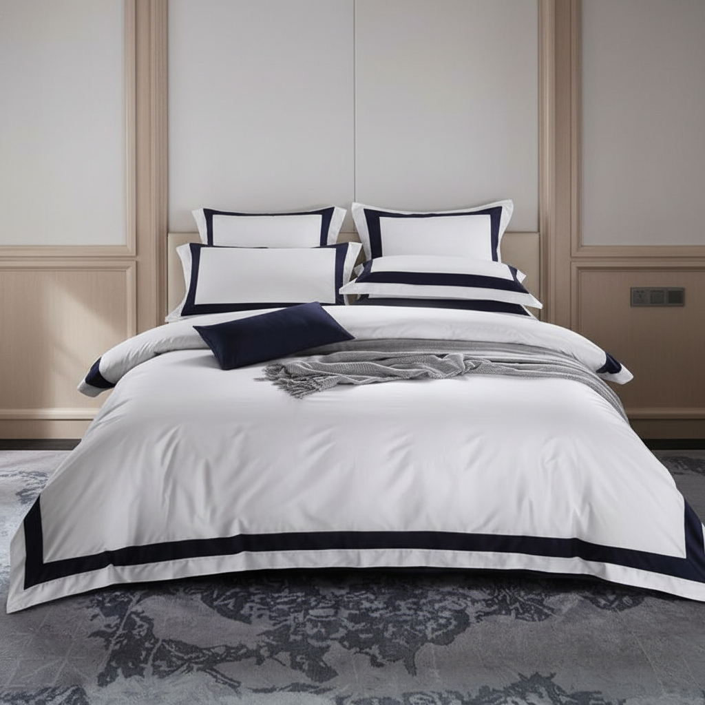 Hotel Luxe Dark Blue Contrast Border Duvet Cover Set