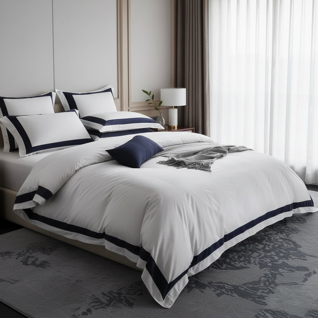Hotel Luxe Dark Blue Contrast Border Duvet Cover Set