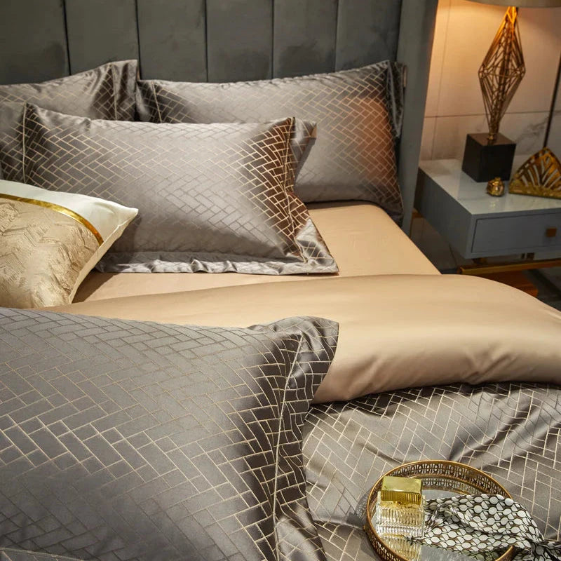 Jasmine Grey & Gold Luxury Jacquard Duvet Cover Set