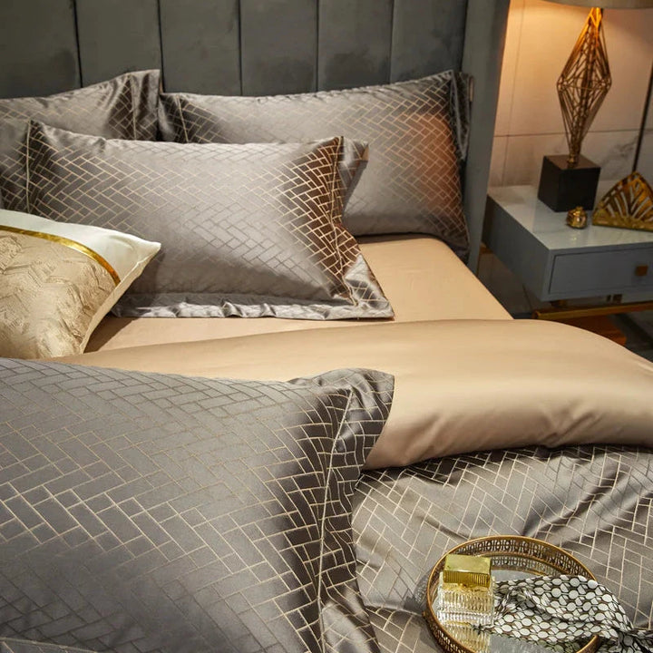 Jasmine Grey & Gold Luxury Jacquard Duvet Cover Set