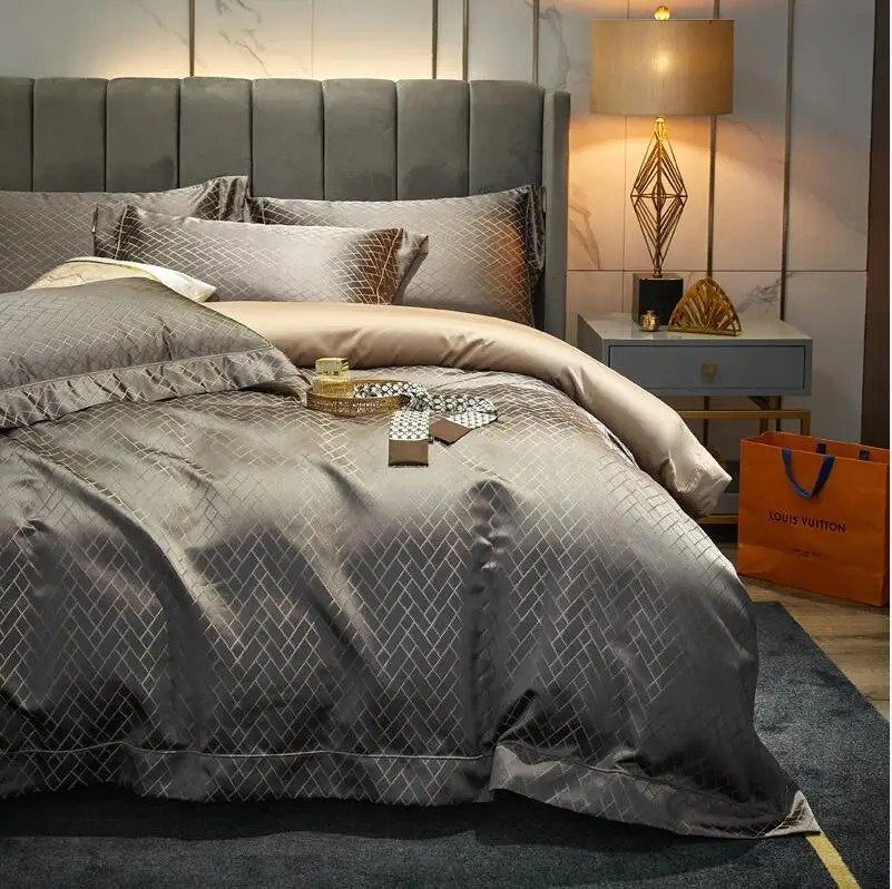 Jasmine Grey & Gold Luxury Jacquard Duvet Cover Set