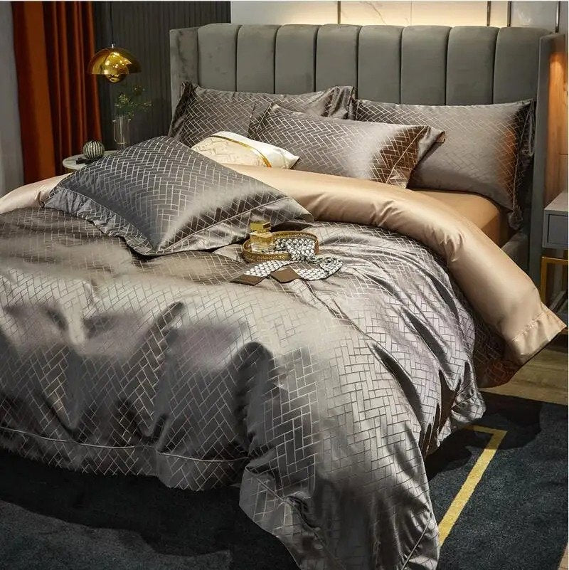 Jasmine Grey & Gold Luxury Jacquard Duvet Cover Set