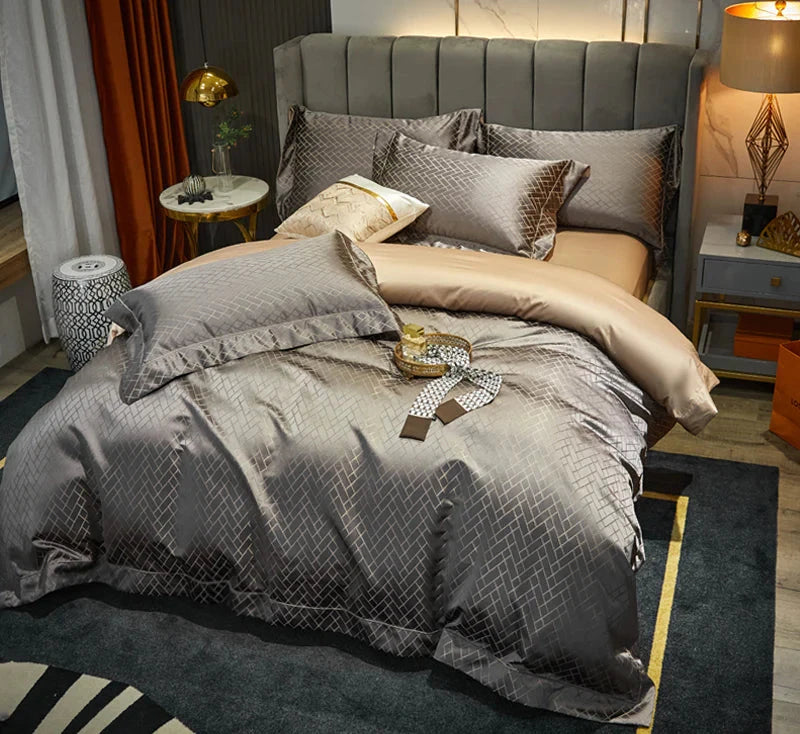 Jasmine Grey & Gold Luxury Jacquard Duvet Cover Set