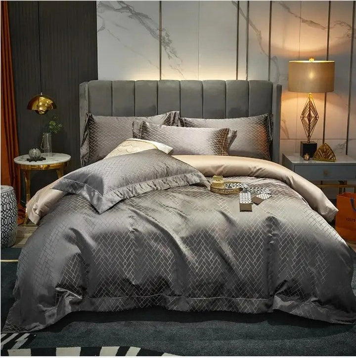 Jasmine Grey & Gold Luxury Jacquard Duvet Cover Set