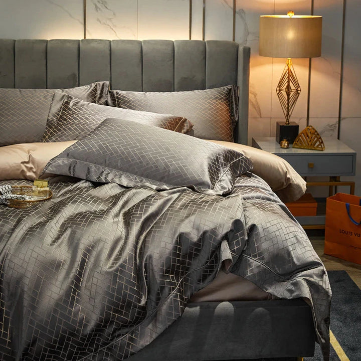 Jasmine Grey & Gold Luxury Jacquard Duvet Cover Set
