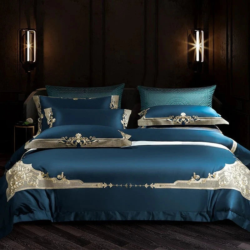 Midnight Blue Golden Jacquard Duvet Cover Set