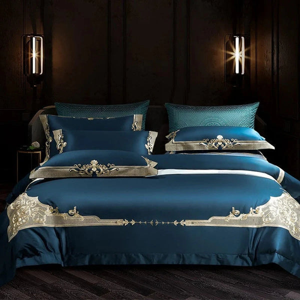 Midnight Blue Golden Jacquard Duvet Cover Set