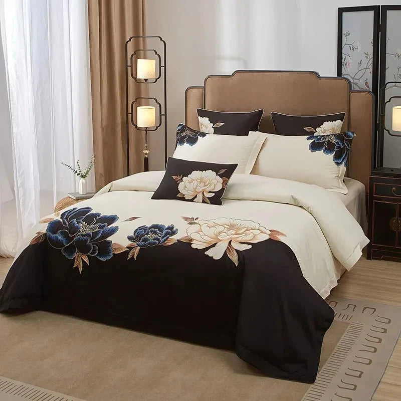 Peony Luxury Black & Ivory Floral Embroidered Duvet Cover Set