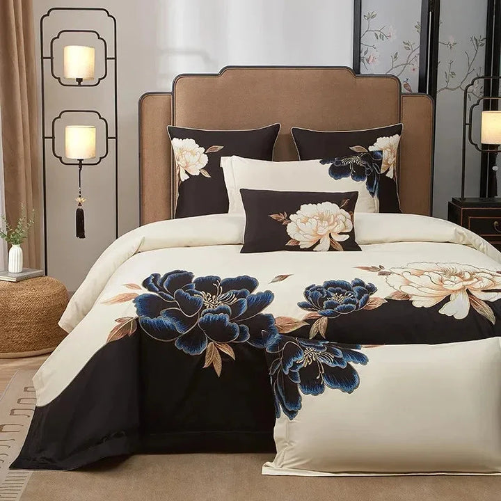Peony Luxury Black & Ivory Floral Embroidered Duvet Cover Set