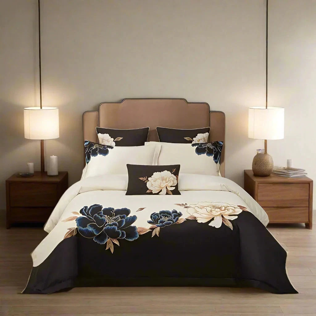 Peony Luxury Black & Ivory Floral Embroidered Duvet Cover Set