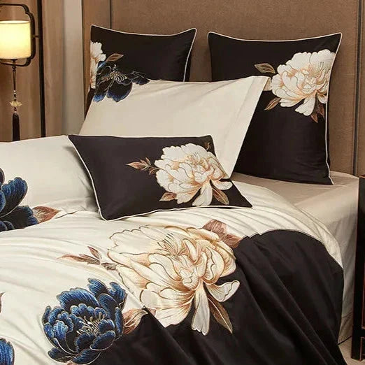 Peony Luxury Black & Ivory Floral Embroidered Duvet Cover Set