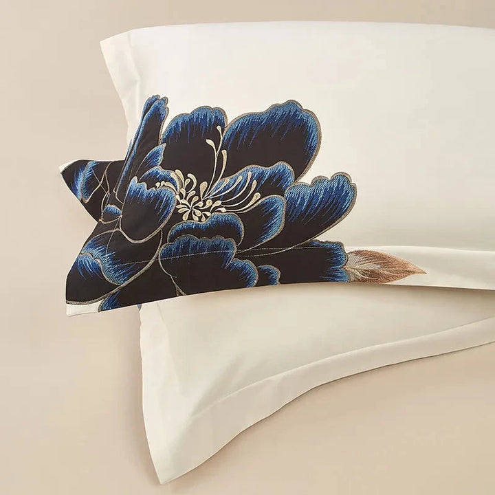 Peony Luxury Black & Ivory Floral Embroidered Duvet Cover Set