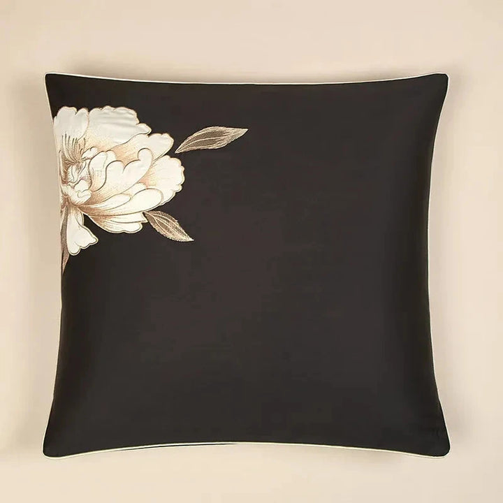 Peony Luxury Black & Ivory Floral Embroidered Duvet Cover Set