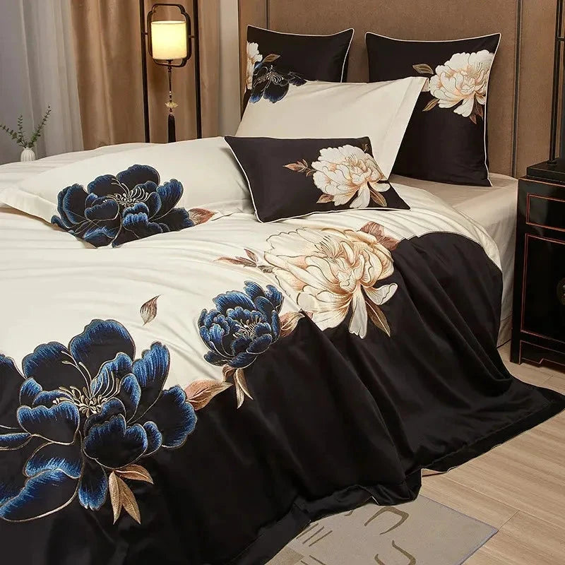 Peony Luxury Black & Ivory Floral Embroidered Duvet Cover Set