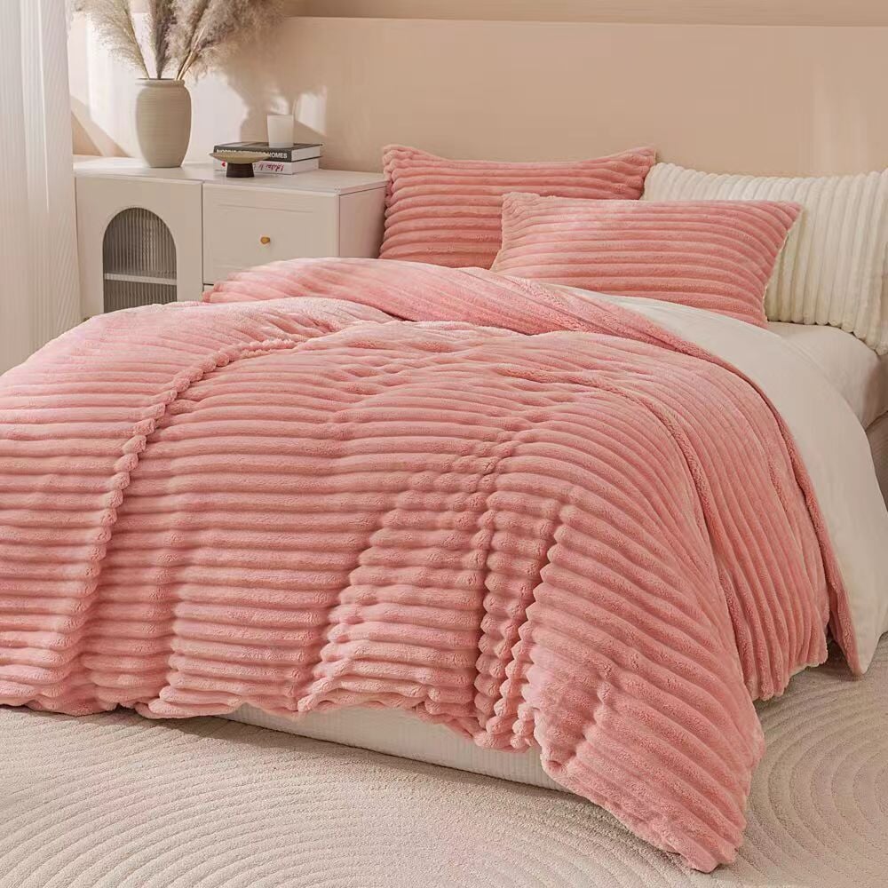 Pink & Cream Fluffy Ribbed Duvet Cover Set