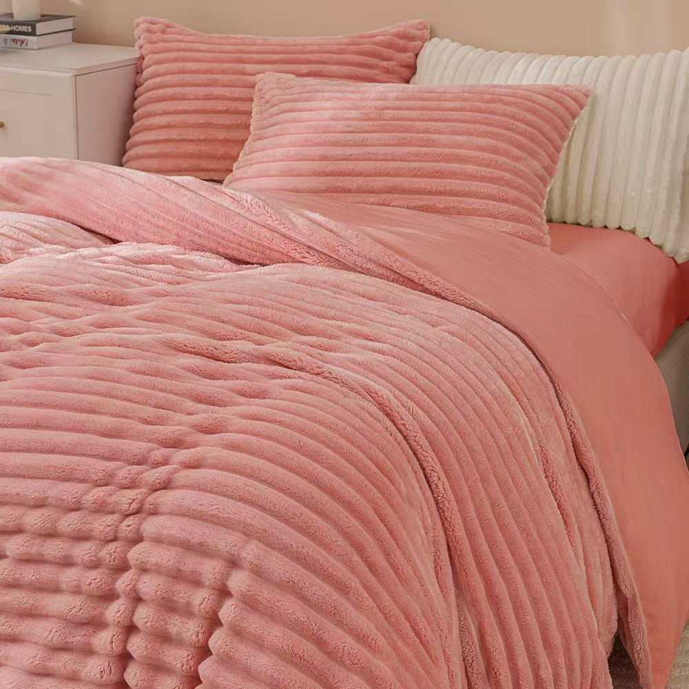 Fluffy Ribbed Pink Bedding Set