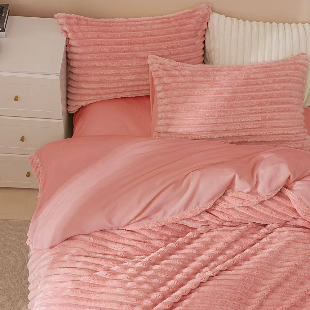 Fluffy Ribbed Pink Bedding Set