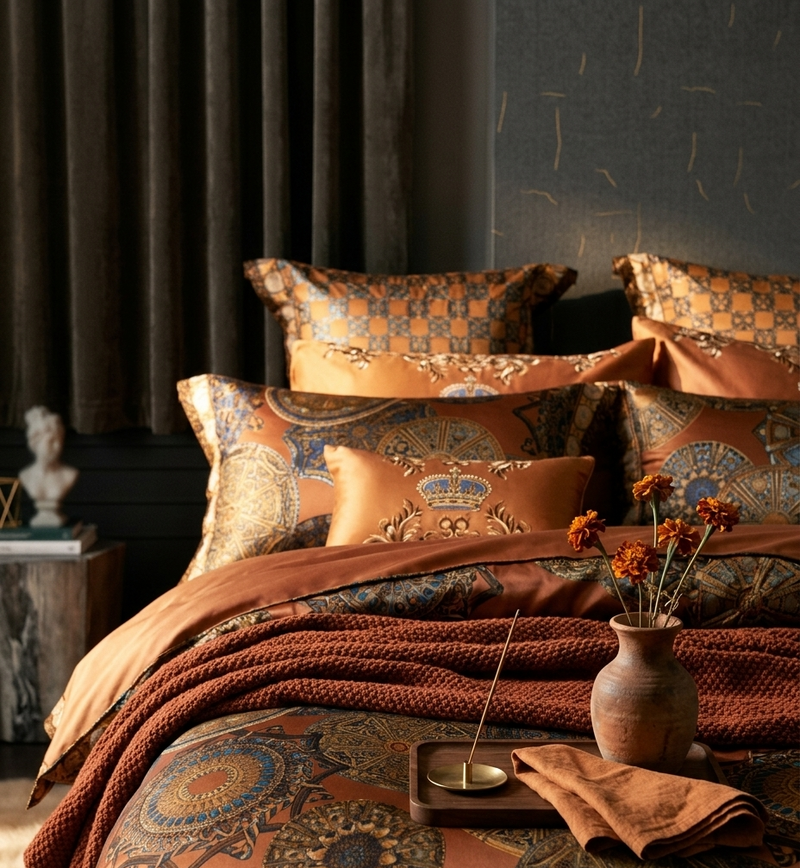 A styled bed dressed in richly patterned bedding with a rust-orange and blue medallion print, dark brown curtains, and a matching textured throw blanket in a moody bedroom setting.