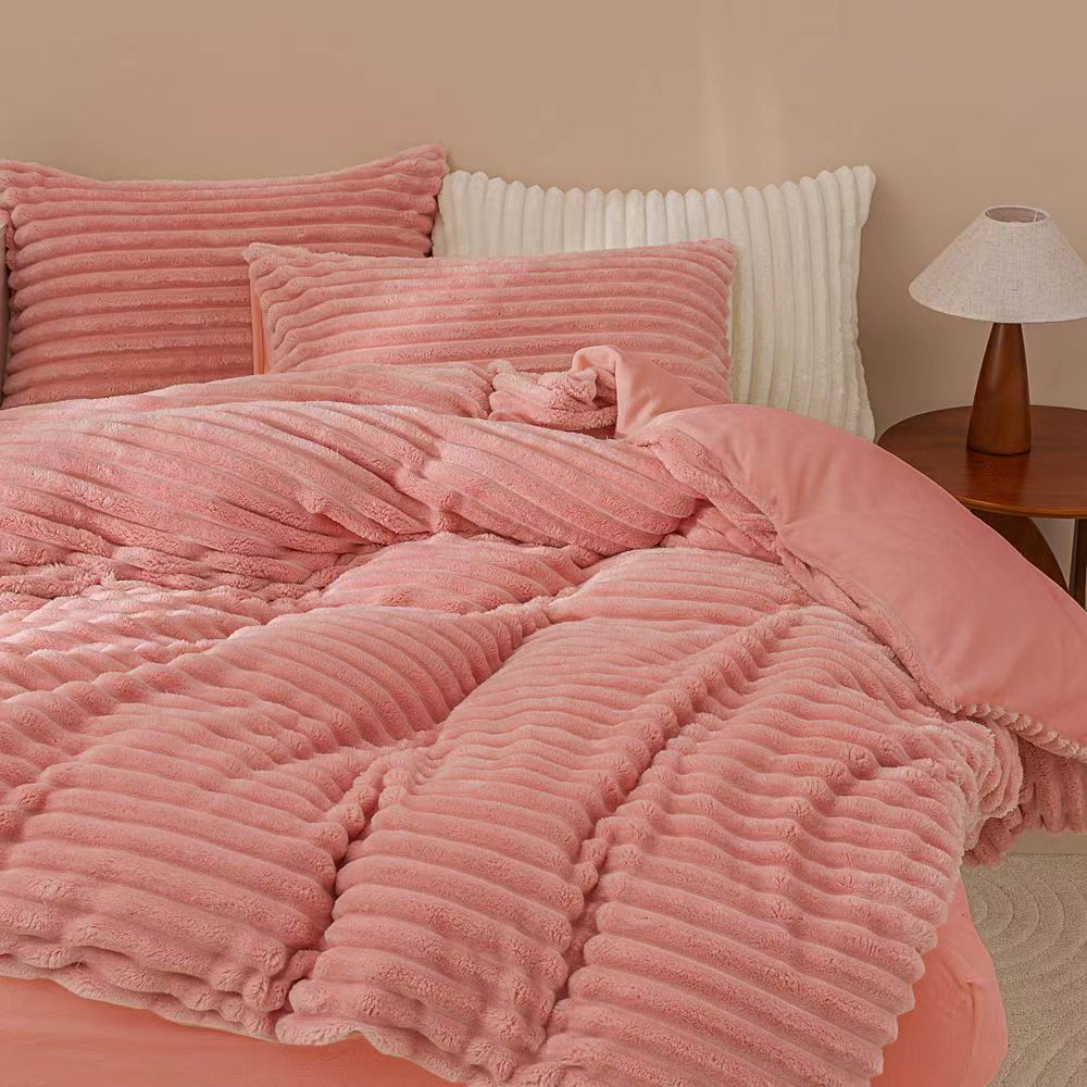 Fluffy Ribbed Pink Bedding Set
