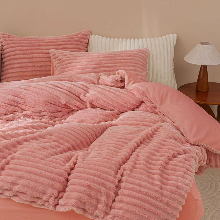 Fluffy Ribbed Pink Bedding Set
