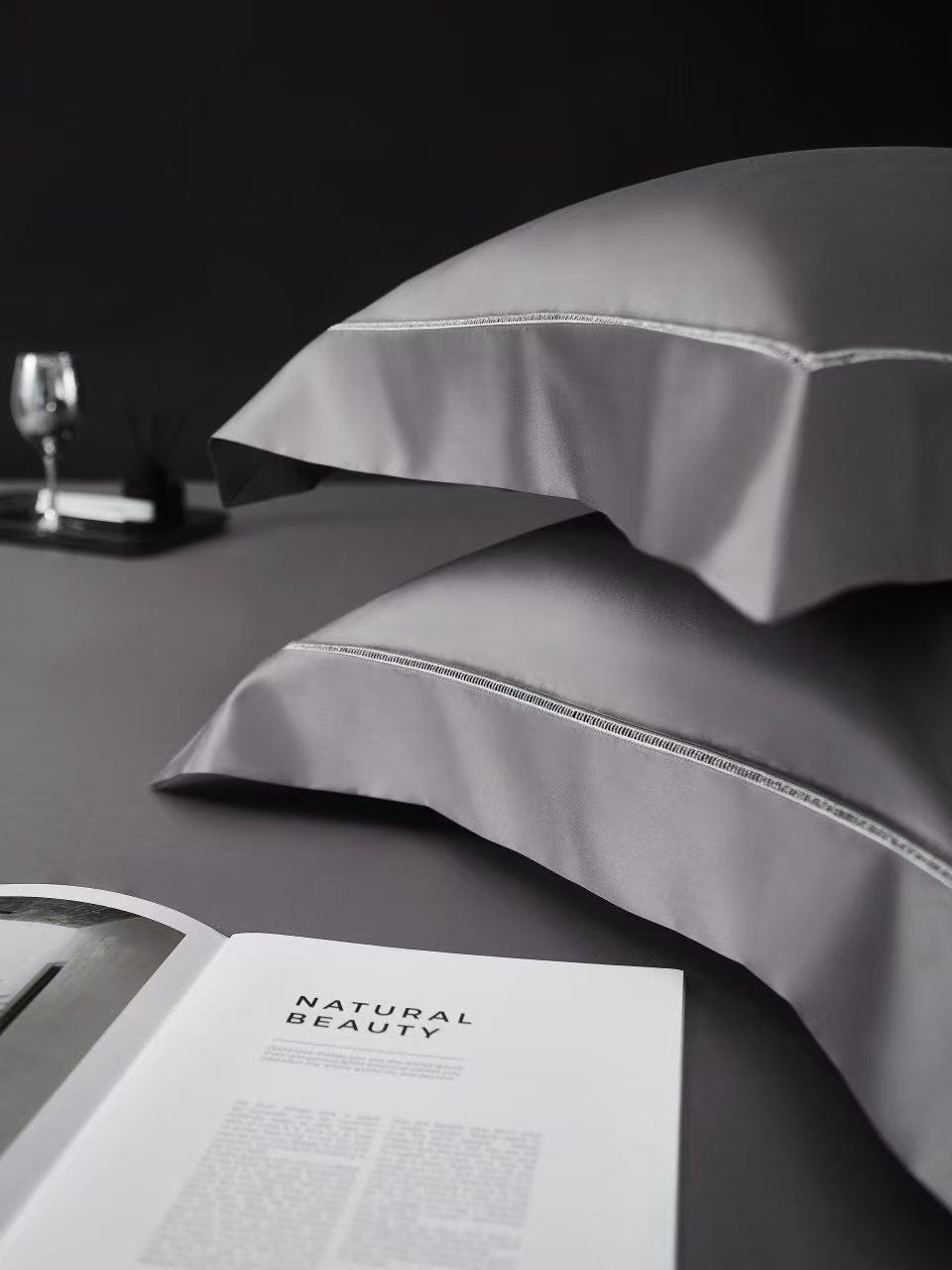 Linnea Charcoal 1200 TC Duvet Cover Set - pillow stack styled
