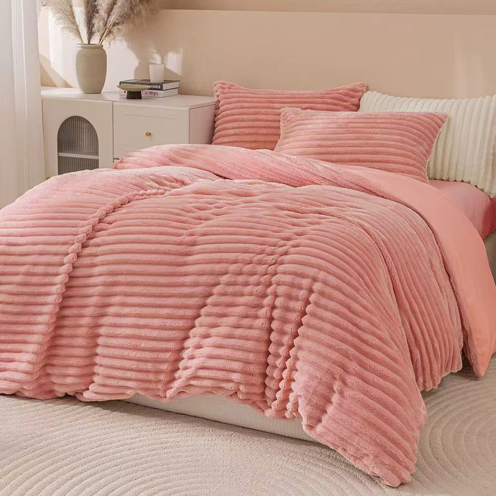 Fluffy Ribbed Pink Bedding Set