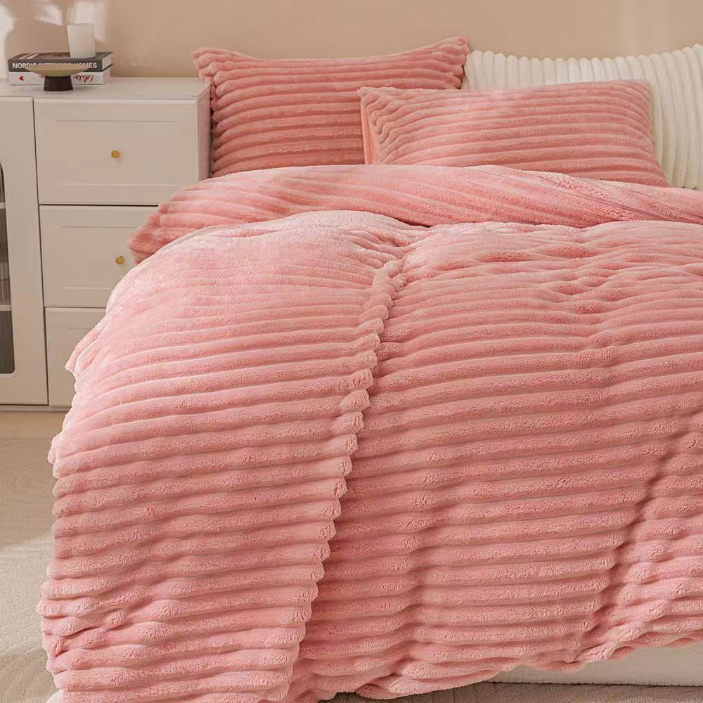 Fluffy Ribbed Pink Bedding Set