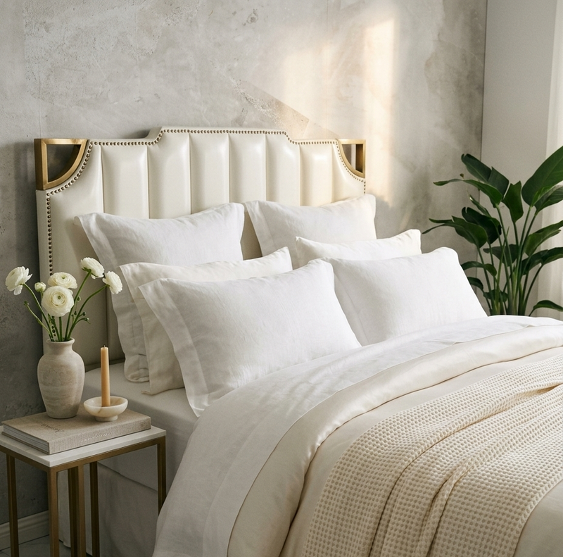 A styled bedroom scene showing a bed dressed in crisp white linens and a textured cream throw blanket, with a tufted cream headboard, side table, flowers, and a plant in a softly lit room.