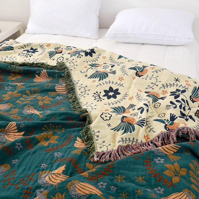 Roomie Reversible Bird Motif Gauze Cotton Blanket