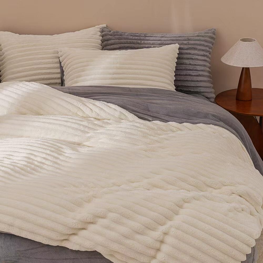 White & Grey Fluffy Ribbed Duvet Cover Set