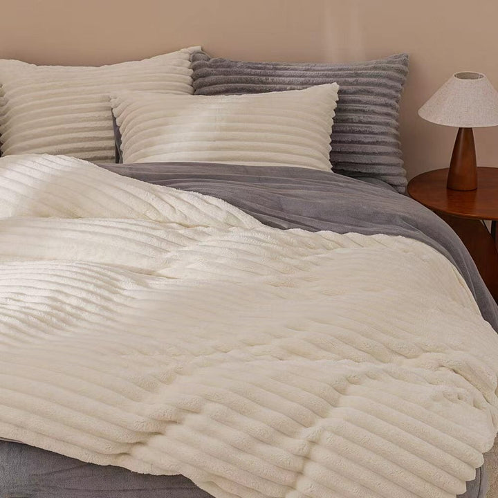 White & Grey Fluffy Ribbed Duvet Cover Set