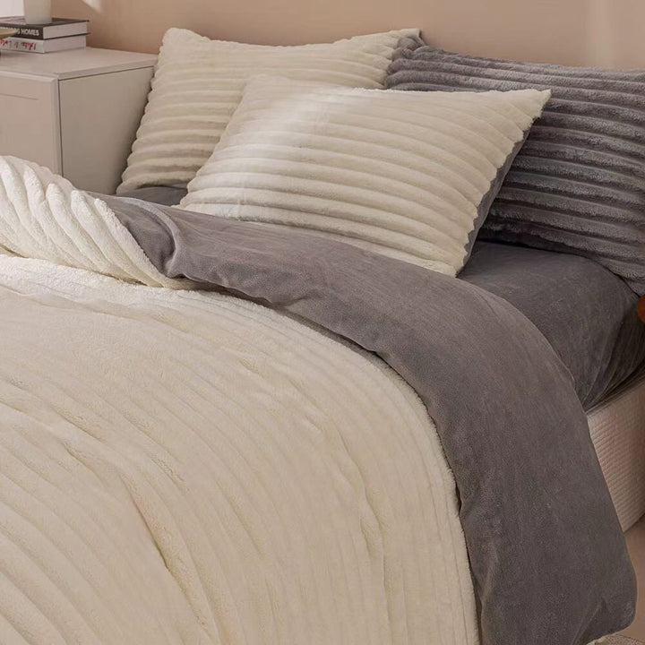 White & Grey Fluffy Ribbed Duvet Cover Set