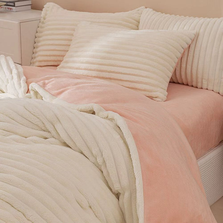 White & Pink Fluffy Ribbed Duvet Cover Set