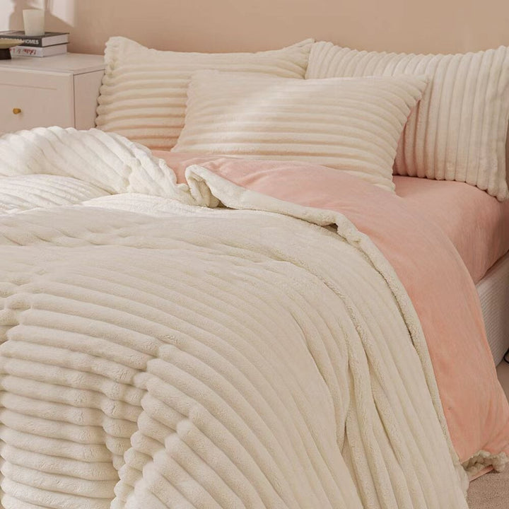 White & Pink Fluffy Ribbed Duvet Cover Set