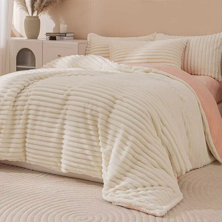 White & Pink Fluffy Ribbed Duvet Cover Set